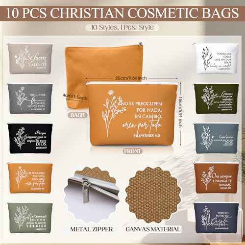 Kacctyen 10 Sets Pastor Appreciation Gifts Bulk Spanish Christian Gifts for Women Regalos Cristianos para Mujer Religious Canvas Makeup Bags with Bible Verse Compact Mirrors (Boho Color)