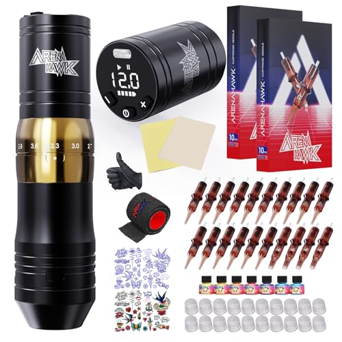 Professional Wireless Tattoo Pen Kit with 2 Batteries - Complete Tattoo Machine Set for Beginners 7 Adjustable Strokes 2.4-4.2mm 20 Cartridge Needles Rotary Tattoo Gun for Lining & Shading