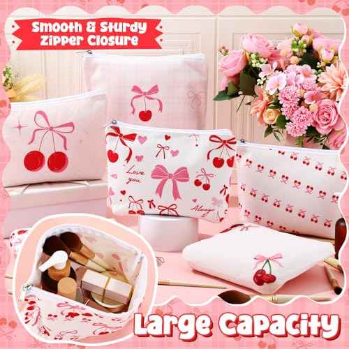 Kacctyen 18 Pcs Pink Cherry Bow Coquette Makeup Bag Cute Bow Canvas Cosmetic Bag for Women Girl with Zipper Aesthetic Travel Stuff Small Pouch for Birthday Party Favor