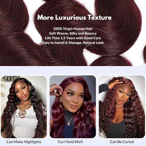 99j Dark Burgundy Body Wave Bundles Human Hair, 12A Soft And Shiny Red Wine Colored Bundles 100% Brazilian Virgin Remy Hair Sew In Weave Single Human Hair Bundle Chic #99j Color 10 Inch