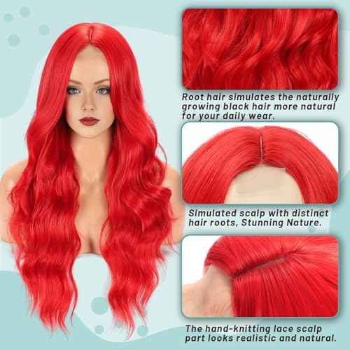 YESEGO Halloween Long Red Wigs for Women 26 Inch Curly Wavy Middle Part Body Wavy Wig Natural Looking Synthetic Heat Resistant Fiber Wig for Daily Party Cosplay Use, Red
