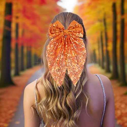 Sparkly Sequin Hair Bows for Women, Halloween Orange Hair Bows with Long Tail Large Hair Barrettes Hair Clips Bling Hair Accessories for Halloween Fall Christmas Holiday Birthday Party