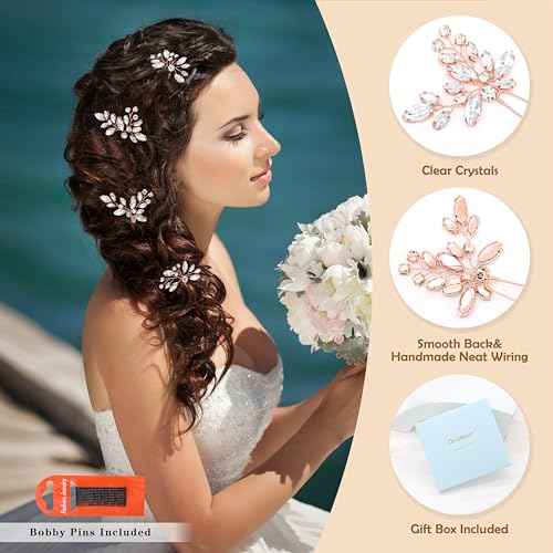 Oriamour Bridal Wedding Crystal Hair Pins Wedding Hair Accessories for Women and Girls Pack of 6 (Rose Gold)