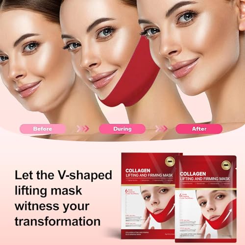 V-Line Lifting Collagen Mask for Double Chin Reduction | Chin Strap & Neck Firming Mask | Hyaluronic Acid, Aloe Vera, Cica for Firming and Sculpting | 5 Pcs (Unisex)