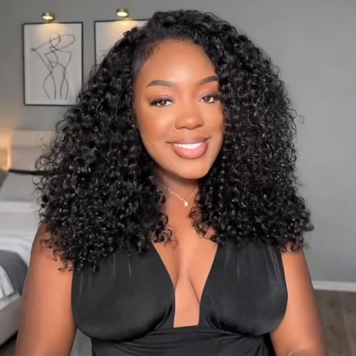 ISEE Half Wig Human Hair Glueless Wigs Upgrade 3 IN 1 Half Wig With Drawstring Seamless Clip Ins Flip Over Kinky Curly Human Hair No Glue No Lace For Women 180% Density 18 Inch