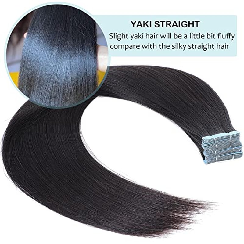 40 PCS Tape in Hair Extensions Human Hair Black Women Yaki Straight Tape in Extensions Human Hair 20 Inch Light Yaki Invisible Skin Weft Double Sided Tape Remy Hair Extensions Natural Black Color
