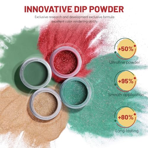 Aokitec Dip Powder Set, Advent Calendar 2025, 8 Christmas Colours for Nails, Red Glitter Green Dipping Set
