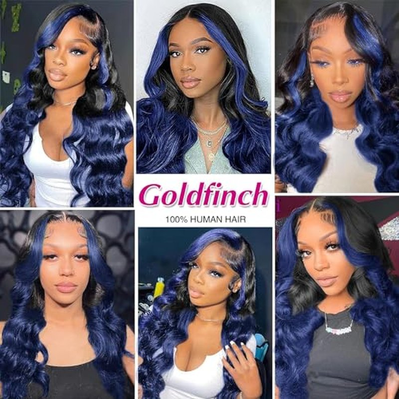 Royal Blue Lace Front Wigs Human Hair Highlight Skunk Stripe 13x4 HD Lace Frontal Wig Body Wave Pre Plucked With Baby Hair 150% Density Ombre Dark Blue Virgin Human Hair Wigs Glueless 20 Inch