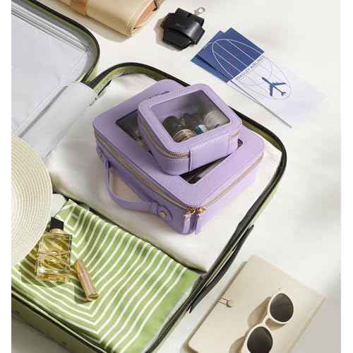 Clear Makeup Bags TSA Approved Toiletry Bag with Handle Large Opening, Clear Toiletry Bags for Carry-on Traveling Travel Car Essentials Orangizer Storage, Leather Cosmetic Bag (Purple, Mini&Large)