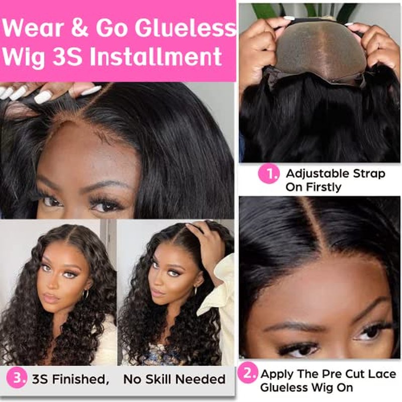 Glueless Wigs Human Hair Pre Plucked Pre Cut Deep Wave Lace Front Wigs 4x4 Closure Wigs 150% Density Natural Black Color (26 Inch)