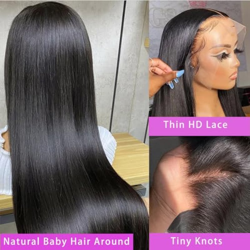 13x6 Straight Lace Front Wigs Human Hair HD Transparent Lace Frontal Human Hair Wigs for Women Glueless Wigs Human Hair Pre Plucked Black Wig 200% Density 22 Inch