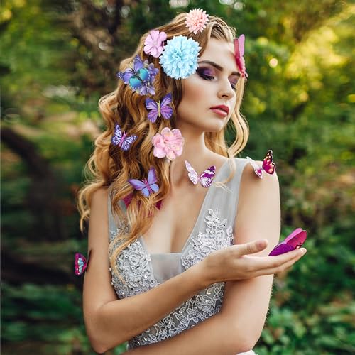 33 Pieces Flower Clip with Butterfly Clip Set Handmade Rose Hair pins Bride Hair Claw Clips Colorful Butterfly Barrettes for Women Girls(Blue Purple)