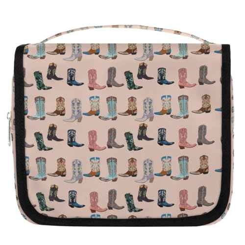 Travel Toiletry Bag for Women Men with Hanging Hook Pink Retro Western Print Cowboy Pattern Makeup Cosmetic Bag Organizer Travel Bag for Toiletries Essentials Accessories, Large Size