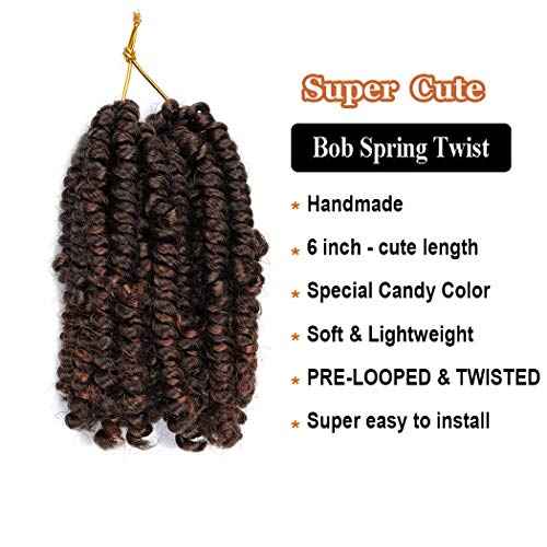 Dorsanee Short Bob Spring Twist Crochet Hair 6 Inch 6 Packs Pre-twisted Cute Spring Twists Curly Crochet Braids Pre Looped Mini Passion Twists Fluffy Twist Synthetic Hair Extensions (6 Inch,T30#)