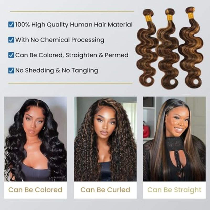 BQRIH 12A Brown Highlight Body Wave Bundles Human Hair 14 16 18 In Brazilian Virgin Wavy Weaves F1B/30 Black and Honey Blonde Ombre 3 Bundles Soft Balayage Colored Human Hair Extensions For Women Remy