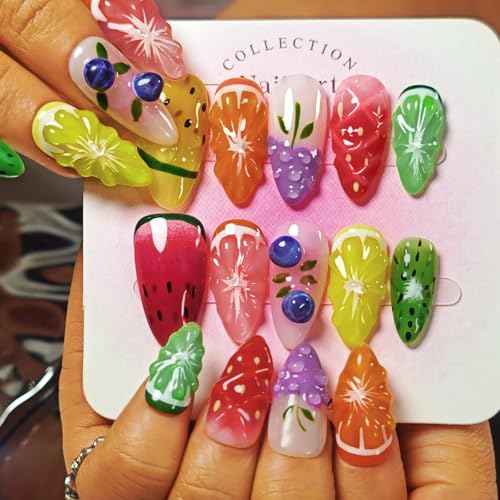 Handmade Press On Nails Almond, Fruit 3D Press On Nails Medium, Orange 3D Nails Strawberry Lemon Fruit With Bubble For Women Gift, Reusable Stick On Fake Nails Kit With Nail Glue(Fruit Fiesta-M)