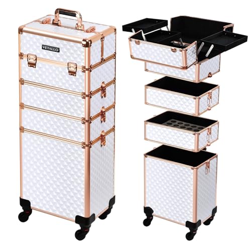 VETALLO Rolling Makeup Train Case, 5-in-1 Travel Makeup Case Organizer I Large Makeup Case with Key Swivel Wheels I Makeup Train Case for Manicurists Hairstylists Esthetician I White