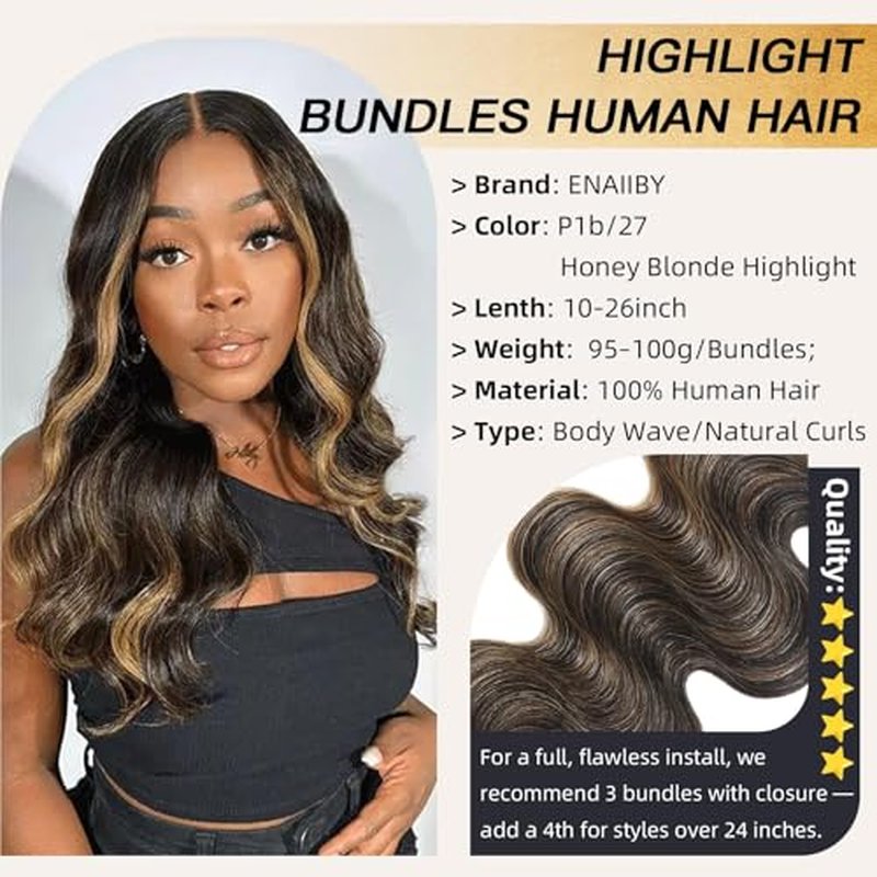 Honey Blonde Bundles Human Hair Highlighted Black and Blonde Bundles Body Wave Balayage Colored 12A 100% Brazilian Virgin Remy Human Hair 1b/27 Ombre Loose Wavy Sew In Weave 14 16 18 Inch