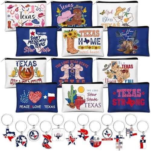 Reginary 24 Pcs State Souvenir Gifts 12 Metal Keychain 12 Cosmetic Bag USA Souvenir Themed Gifts for Traveler Christmas Party(Texas)