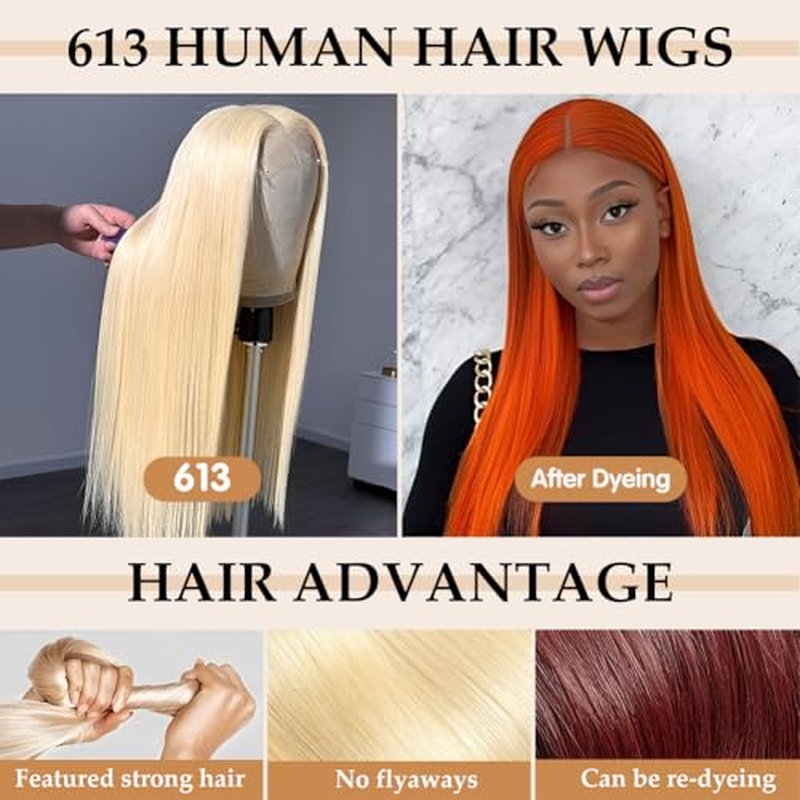 613 13x6 Lace Front Wig Human Hair 26 Inch Blonde Wig Human Hair 180 Density Blonde Lace Front Wig Human Hair Pre Plucked Straight HD Lace Frontal Wigs for Women