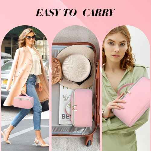 for Christmas Day Gifts, Makeup Bag for Women, PU Leather Travel Toiletry Bags, Initial Make Up Cosmetic Pouch for Teen Girls, Wide Open Portable Skincare Bag, Personalized Birthday Gifts, Pink