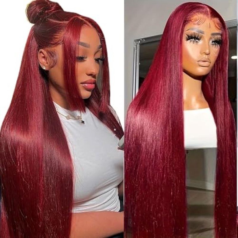 LICHANG 99J Straight Lace Front Wigs Human Hair Red Colored Wig Pre Plucked with Baby Hair for Black Women, 13x6 Burgundy Lace Frontal Wig Brazilian Virgin Human Hair Glueless 24 Inch