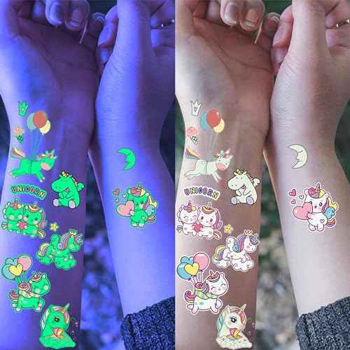15 Sheets Unicorn Glow in The Dark Temporary Tattoos for Kids Girls Toddler Cute Fun Glitter Night Luminous Waterproof Fake Tattoo Sticker For Children Birthday Gifts Party Supplies Favor