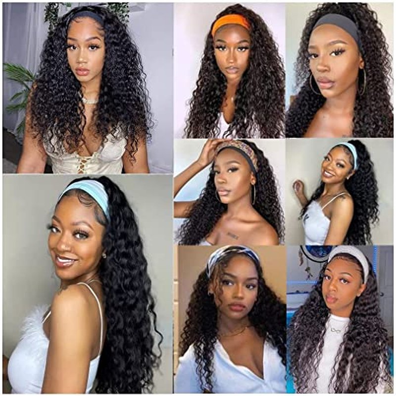 Deep Wave Headband Wig Human Hair 24 Inch Curly Headband Wigs for Black Women Human Hair Glueless None Lace Front Wig Brazilian Virgin Hair Wear and Go Wigs 150% Density Natural Black Color