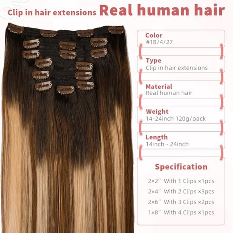 human hair clip in extensions,Soft&Natural clip in hair extensions real human hair 120g 7pcs Straight (24 Inch, 1B/4/27)