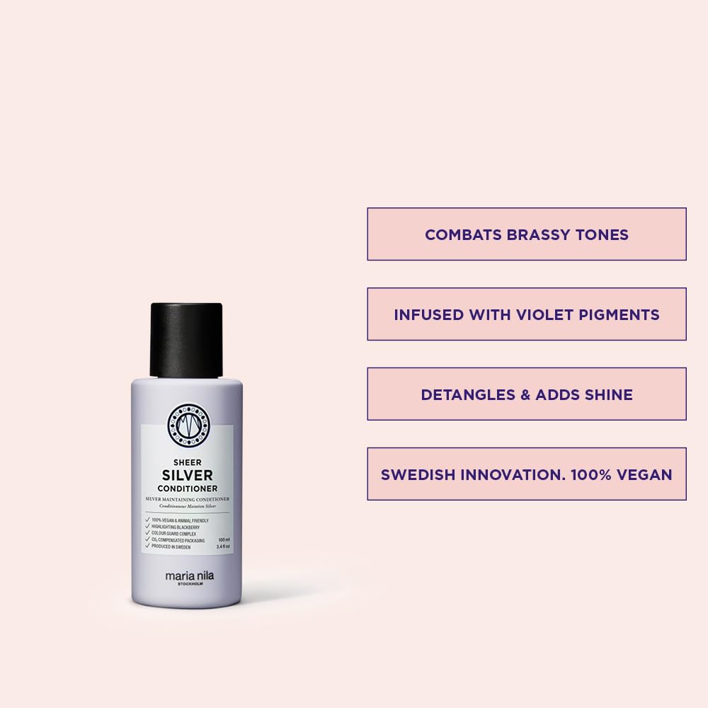 Maria Nila Sheer Silver, Silver/Purple Conditioner, Neutralizes Brassy Yellow/Golden Shades in Blonde, White & Grey Hairs, Violet Pigments Gives Cool Tone, 100% Vegan & Sulfate/Paraben free, 3.4 Fl Oz