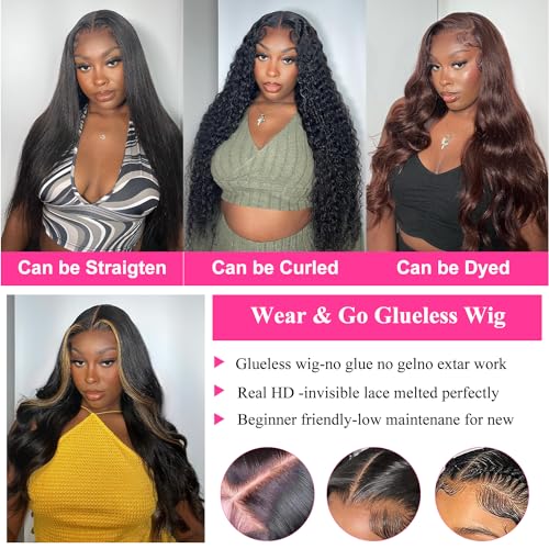 Wear and Go Glueless Wigs Human Hair Pre Cut HD Lace 5X5 Body Wave Lace Wigs Human Hair Pre Plucked 180% Density 3 Seconds to Wear Glueless Wigs for Beginners 28 Inch, Black
