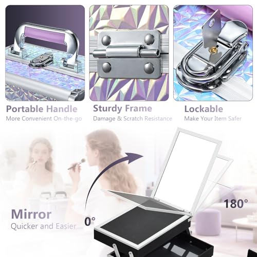 Joligrace Makeup Train Case Makeup Case Organizer Portable Cosmetic Box Storage with 2 Trays Mirror Locking with Keys Make Up Travel Case Nail Kits Traveling Makeup Box Shiny Purple