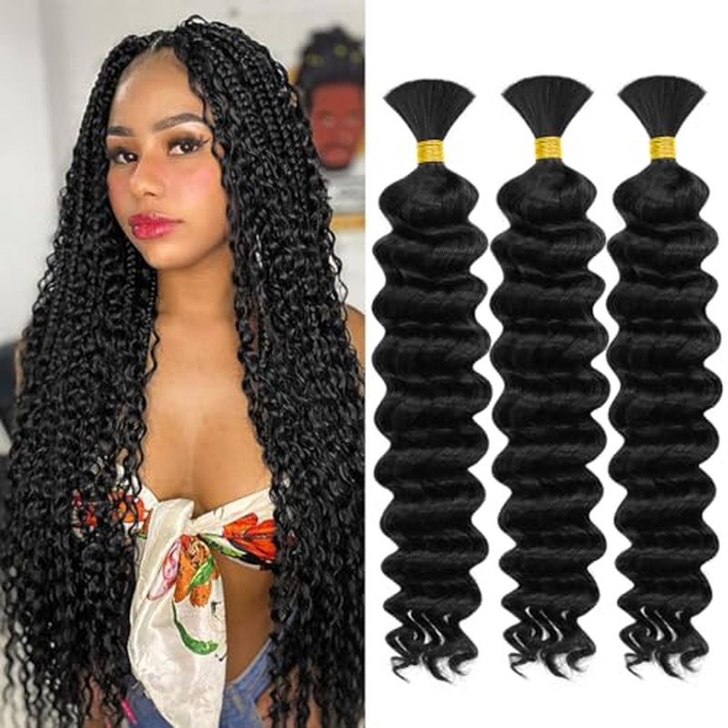 Human Braiding Hair for Boho Knotless Braids 3 Bundles 20 Inches 150g Deep Wave 10A Brazilian Virgin Human Bohemian Hair for Braiding Natural Black 1B