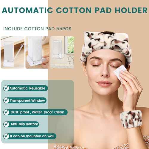 Cotton Pad Holder Birthday Gifts Sets For Women,Automatic Reusable Square Dustproof Waterproof Cosmetic Bathroom Pad Dispenser include Cotton Pads,Headband,Wrist Bands,Hair Clips Scented Candles