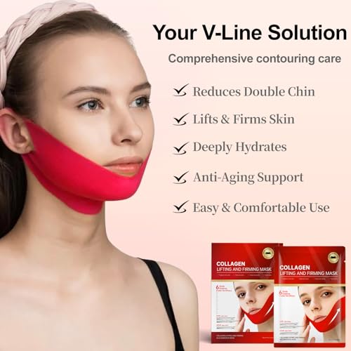 V-Line Lifting Collagen Mask for Double Chin Reduction | Chin Strap & Neck Firming Mask | Hyaluronic Acid, Aloe Vera, Cica for Firming and Sculpting | 5 Pcs (Unisex)