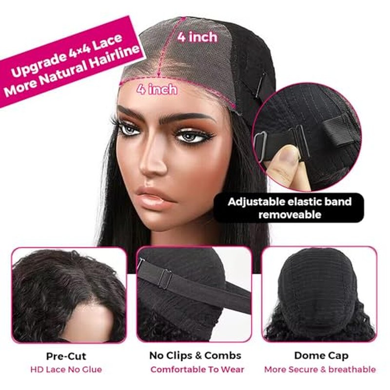 ALLRUN Wear and Go 4x4 Water Wave Closure Wig Human Hair 20 Inch Curly Wig for Black Women Glueless HD Lace Pre-Cut Pre-Plucked Bleached 180% Density