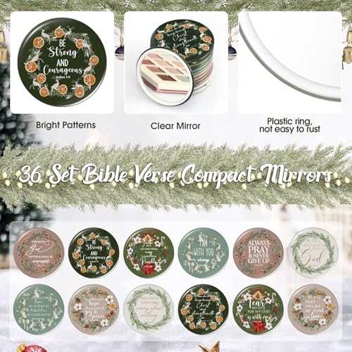 Thyle 36 Sets Christmas Christian Gifts Bulk Bible Verse Compact Mirrors Mini Christian Pocket Mirror Portable Round Makeup Mirrors with Christmas Greeting Cards for Women Xmas Church Party Favors