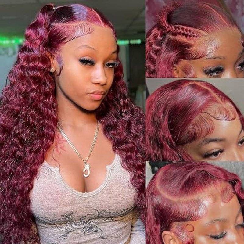 Burgundy Wig Human Hair 99j Burgundy 13x6 HD Transparent Deep Wave Lace Front Wigs Human Hair 180 Density Pre Plucked Brazilian Virgin Red Wig Human Hair For Black Women (99j Burgundy, 22 Inch)