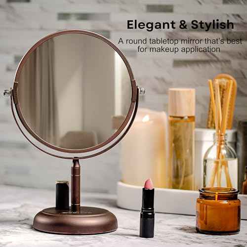 OVENTE 7'' Tabletop Makeup Mirror with 1X/5X Magnification, 360¡Æ Swivel Design and Double-Sided Free-Standing Vanity Mirror Perfect for Dresser, Bedroom and Office Desk, Antique Bronze MNLDT70ABZ1X5X