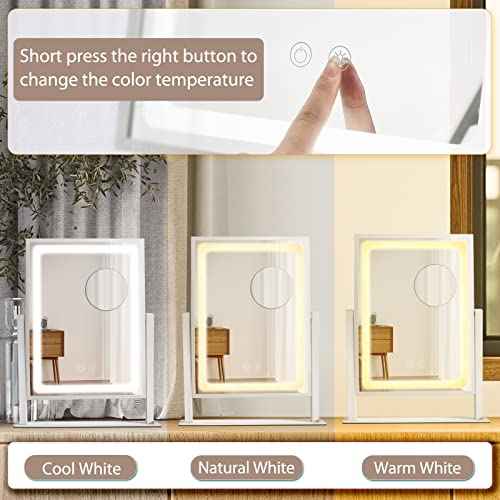 Vanity Mirror with Lights, Hollywood Makeup Mirror, Touch Control, 3 Color Lighting Modes, Dimmable, Detachable 10X Magnification Mirror, 360 Rotation (16in, White)