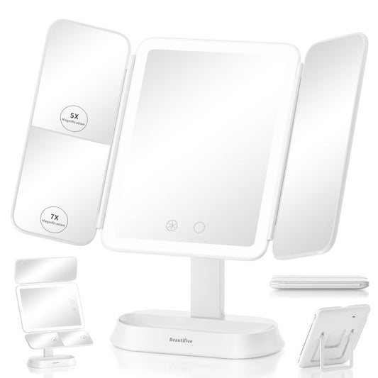 Lighted Makeup Mirror with 7X/5X/1X Magnification, Vanity Mirror with Lights, Trifold Led Makeup Mirror, 3 Lights Colors & Adjustable Brightness, 360° Rotation & Detachable Design for Travel Gift