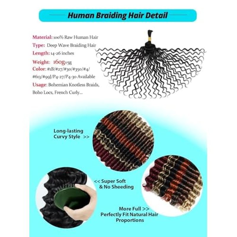 12A #4 Chocolate Brown Human Braiding Hair for Boho Braids 5 Bundles 22 Inch 160g Deep Wave Braiding Hair for Bohemian Knotless Braids 100% Unprocessed Virgin Bulk Hair Extensions No Weft