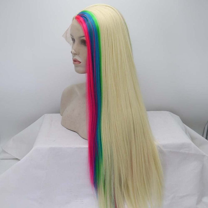 melody wig 613#Mixed Blonde Colorful Wig Synthetic Rainbow Lace Front Wigs Long Silky Straight Wig Heat Resistant Fiber Long Wigs