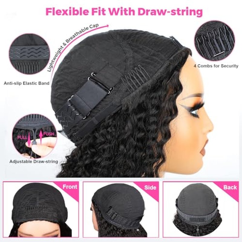 Half Wig Human Hair 20 Inch Water Wave Half Wig 3 in 1 Glueless Wigs 200 Density Wear and Go Wigs Seamless Flip Over with Drawstring Beginner Friendly Curly Wig Headband Wig for Women