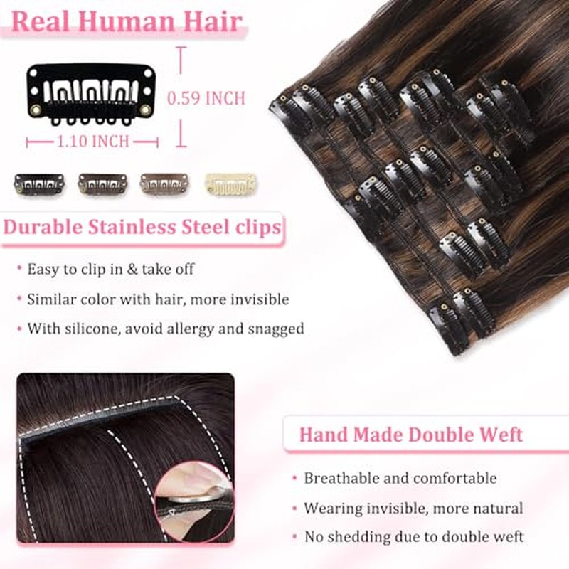 Clip in Hair Extensions Real Human Hair Seamless Balayage Human Clip ins Extensions for Women Invisible Straight 8Pcs Double Weft Dark Brown Highlight Chestnut Brown 16inch 90g