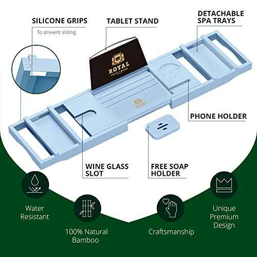 ROYAL CRAFT WOOD Luxury Bathtub Caddy Tray, One or Two Person Bath and Bed Tray, Bonus Free Soap Holder (Blue)