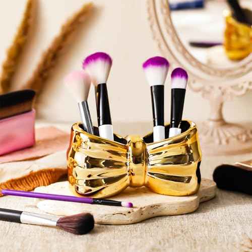 Chunful Gold Bow Toothbrush Holder Cute Ceramic Bow Shaped Toothbrush Makeup Brush Holder Organizer Comb Pen Pencil Storage Box Container Bathroom Vanity Countertop Accessories, for Bathroom Home