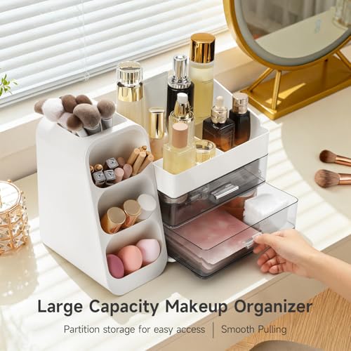 Delamu Makeup Organizer Countertop, Spacious Cosmetic Display Case with Makeup Brush Holder, Perfect Vanity Bathroom Organizer and Storage, Ideal Christmas Gifts for Women Girls, White