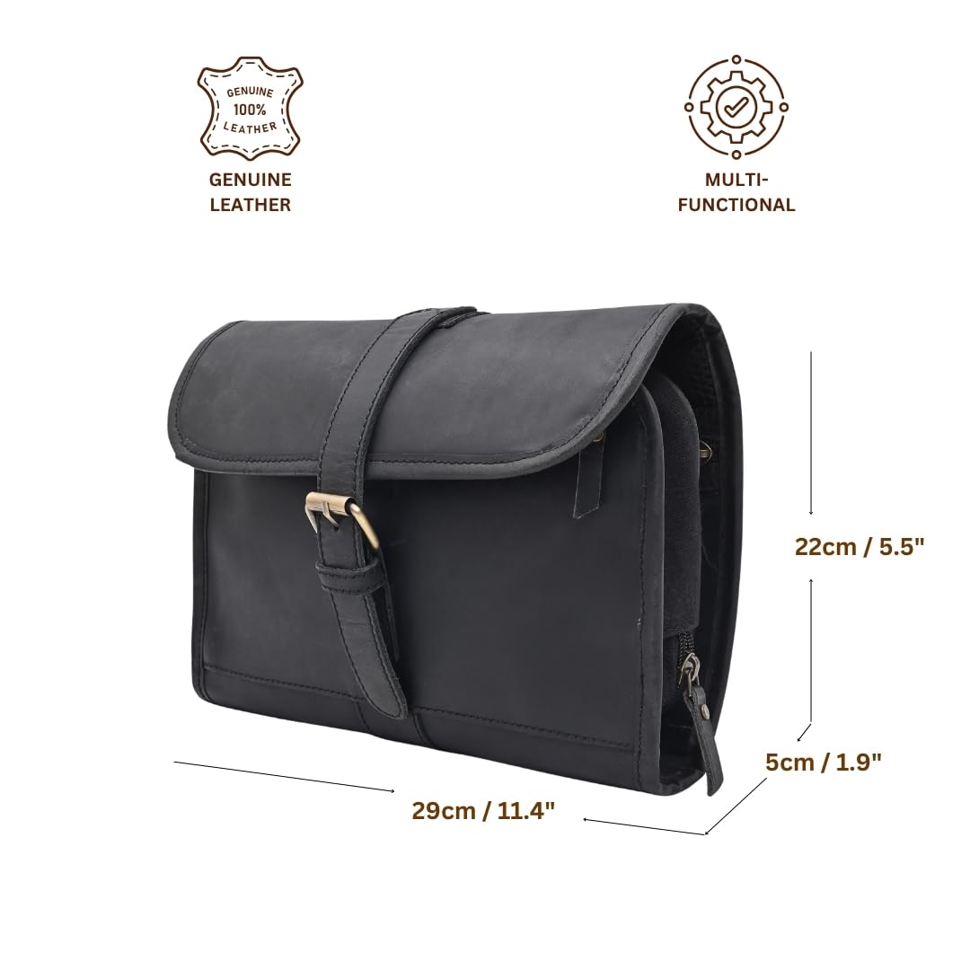 Autentico Leather Genuine Buffalo Leather Hanging Toiletry Bag with Waterproof Lining for Men & Women Handcrafted Vintage Distressed Brownn Leather Dopp Kit, Travelling Kit (Dark Brown)