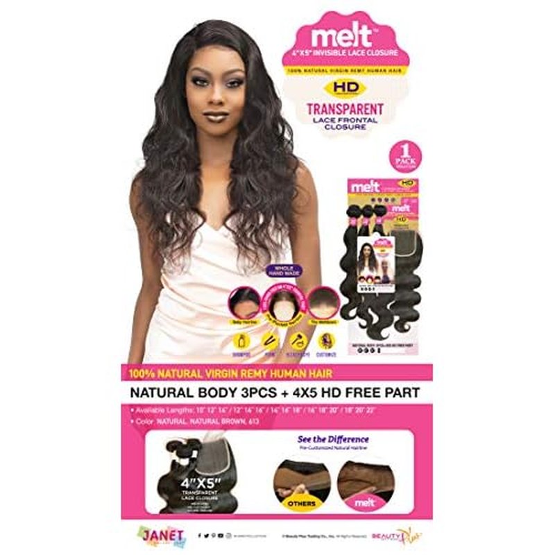 Janet melt 4x5 Invisible Lace Closure HD Free Part Transparent Lace Frontal Closure Natural Virgin Remy Human Hair MELT CLOSURE NATURAL BODY 3PCS (14"16"18", NATURAL)